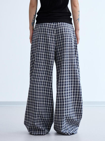 Peoplesense Pleated Plaid Wide Leg Pants Unisex Relaxed Fit Retro Trousers