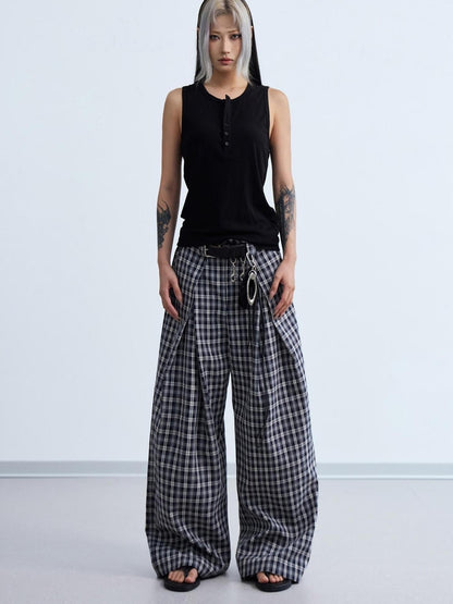 Peoplesense Pleated Plaid Wide Leg Pants Unisex Relaxed Fit Retro Trousers
