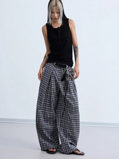 Pleated Plaid Wide Leg Pants Unisex Relaxed Fit Retro Trousers
