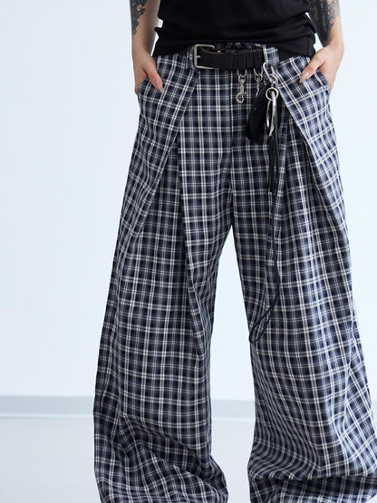 Peoplesense Pleated Plaid Wide Leg Pants Unisex Relaxed Fit Retro Trousers