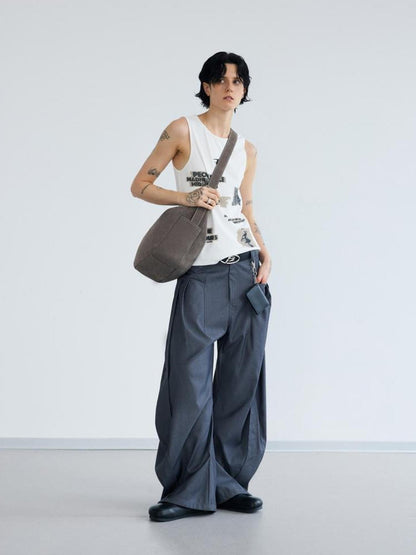 Peoplesense Pleated Scimitar Trousers With Slip Pockets Polyester Loose Fit