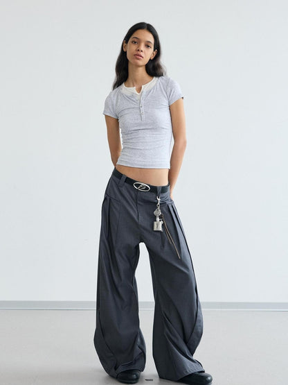 Peoplesense Pleated Scimitar Trousers With Slip Pockets Polyester Loose Fit