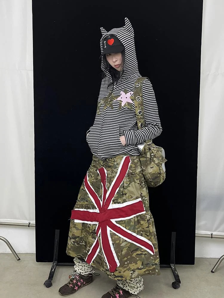 Polka Dot Camo Star Devil Horn Cropped Fitted Hoodie
