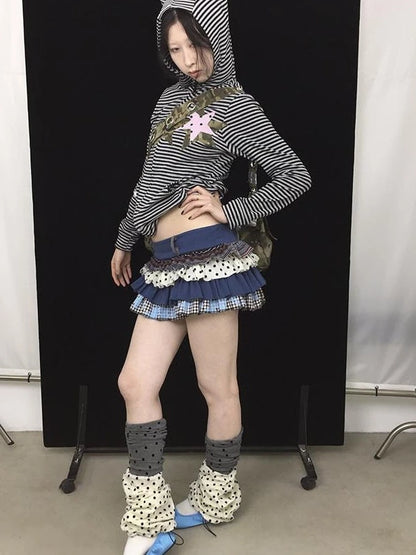 Polka Dot Camo Star Devil Horn Cropped Fitted Hoodie