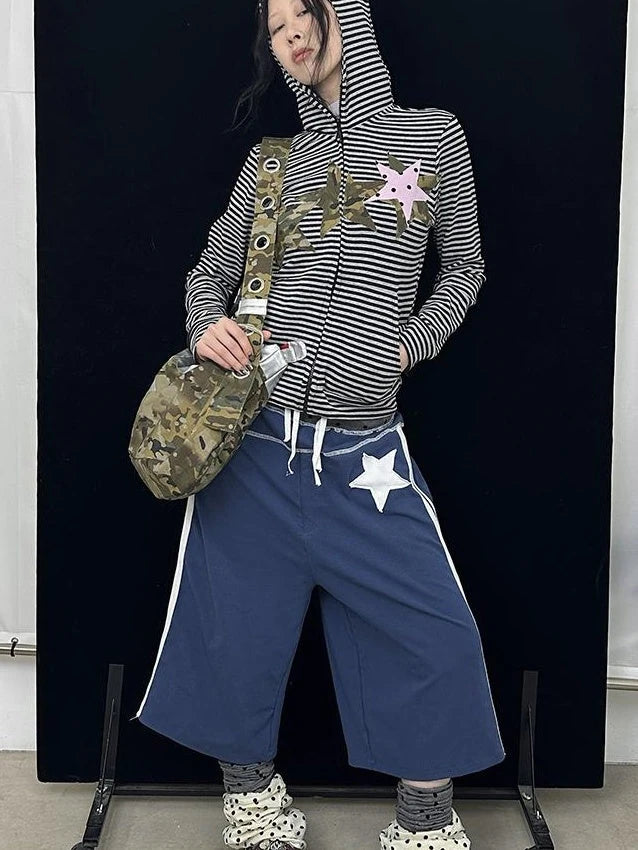 Polka Dot Camo Star Devil Horn Cropped Fitted Hoodie