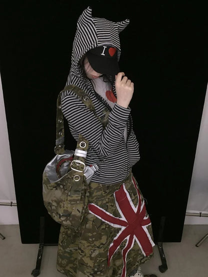 Polka Dot Camo Star Devil Horn Cropped Fitted Hoodie