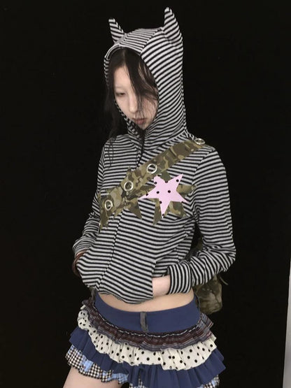 Polka Dot Camo Star Devil Horn Cropped Fitted Hoodie