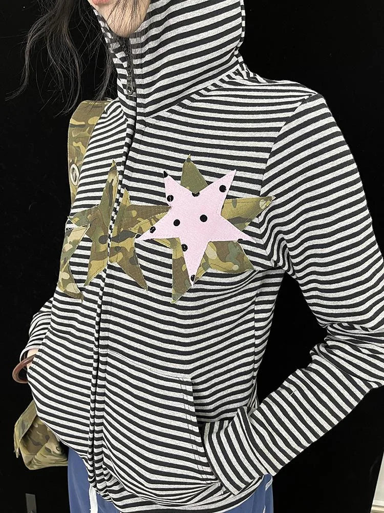 Polka Dot Camo Star Devil Horn Cropped Fitted Hoodie