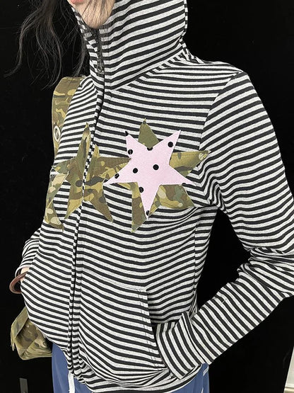 Polka Dot Camo Star Devil Horn Cropped Fitted Hoodie