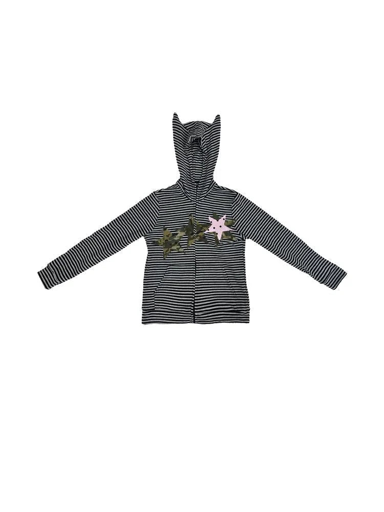 Polka Dot Camo Star Devil Horn Cropped Fitted Hoodie