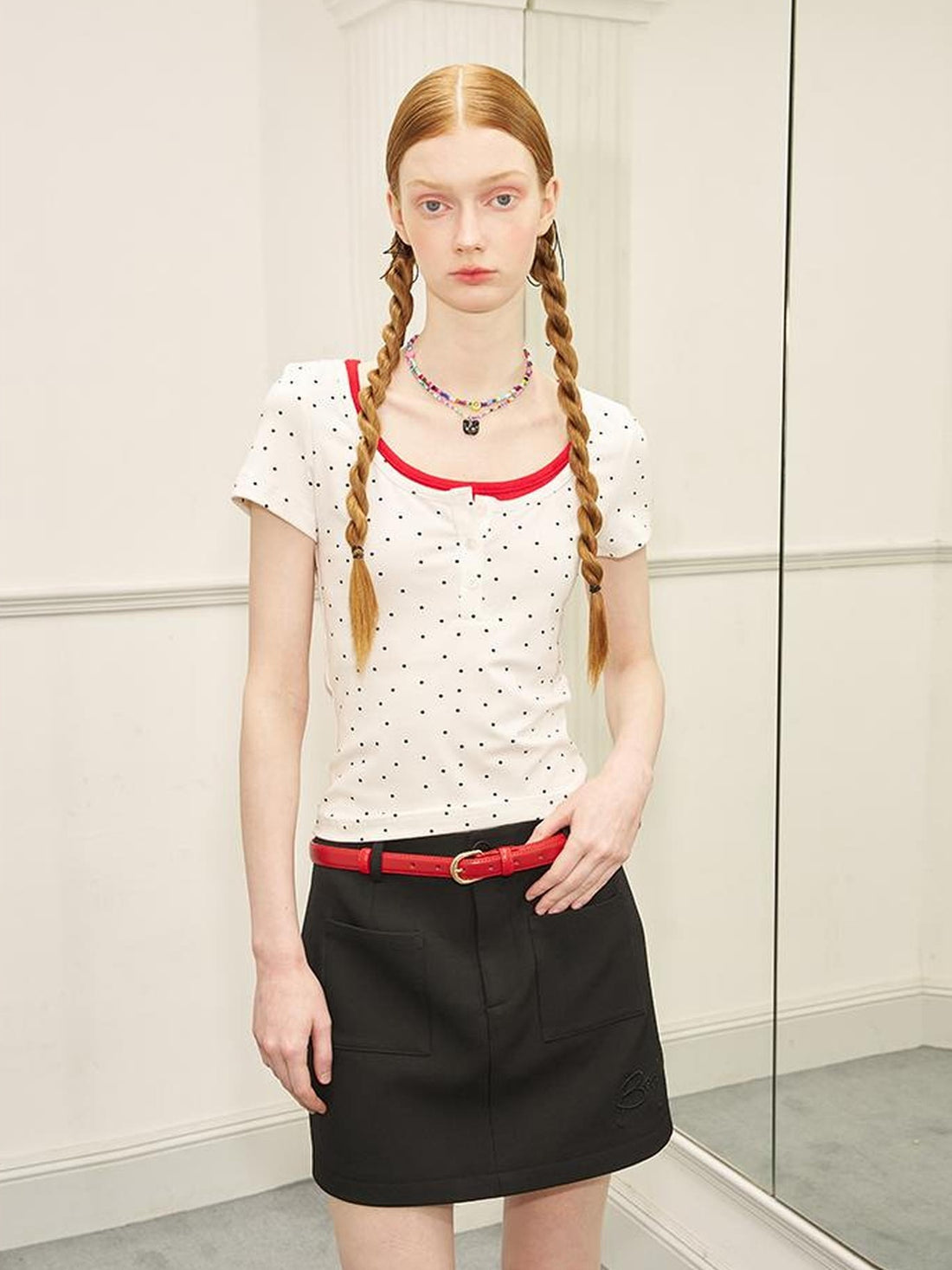 DIDDI MODA Polka Dot Mock Neck Contrast Trim Fitted Tee