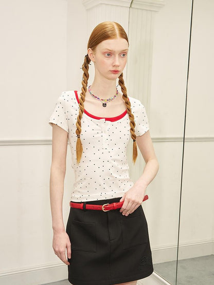 DIDDI MODA Polka Dot Mock Neck Contrast Trim Fitted Tee