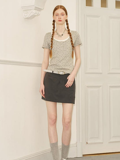 DIDDI MODA Polka Dot Mock Neck Contrast Trim Fitted Tee