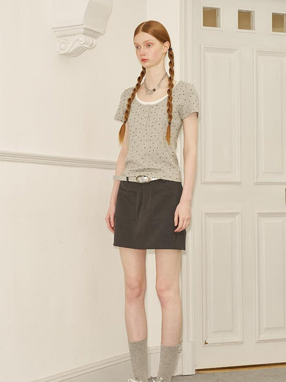 DIDDI MODA Polka Dot Mock Neck Contrast Trim Fitted Tee