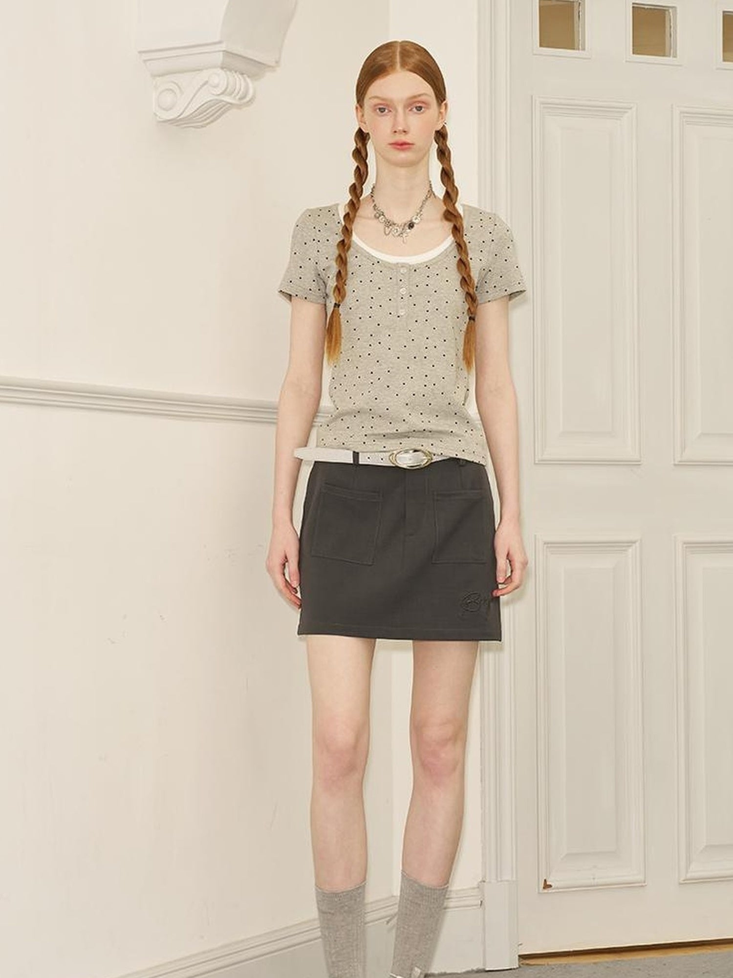 DIDDI MODA Polka Dot Mock Neck Contrast Trim Fitted Tee