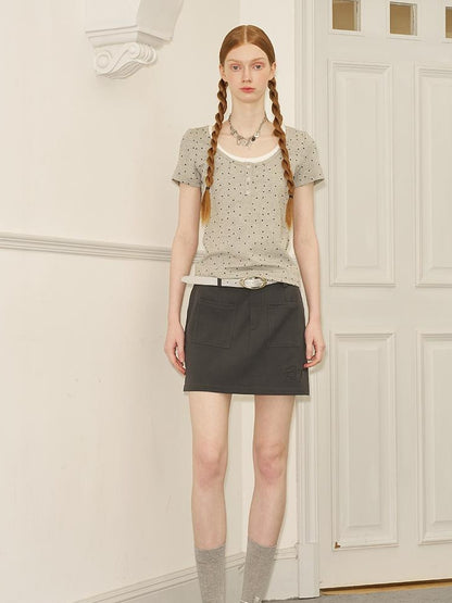DIDDI MODA Polka Dot Mock Neck Contrast Trim Fitted Tee