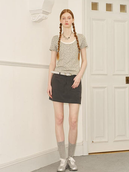 DIDDI MODA Polka Dot Mock Neck Contrast Trim Fitted Tee