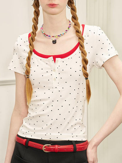 DIDDI MODA Polka Dot Mock Neck Contrast Trim Fitted Tee