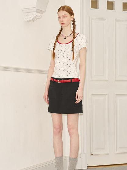 DIDDI MODA Polka Dot Mock Neck Contrast Trim Fitted Tee