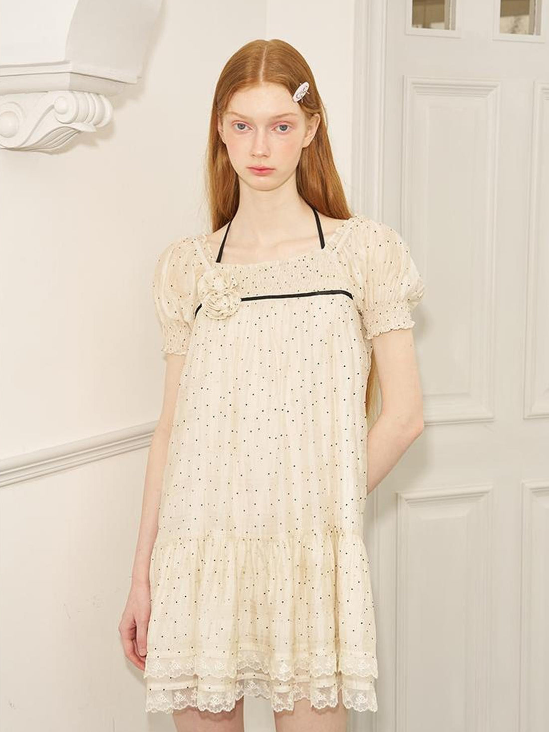 DIDDI MODA Polka Dot Puff Sleeve Floral Ruffle Babydoll Dress