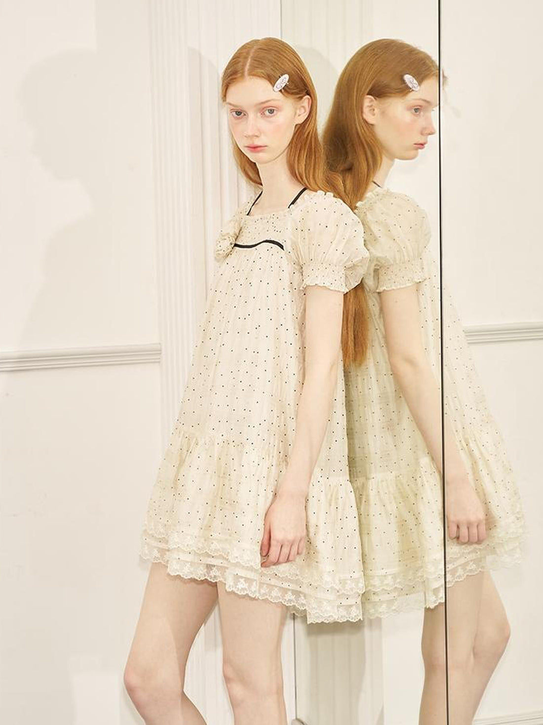 DIDDI MODA Polka Dot Puff Sleeve Floral Ruffle Babydoll Dress