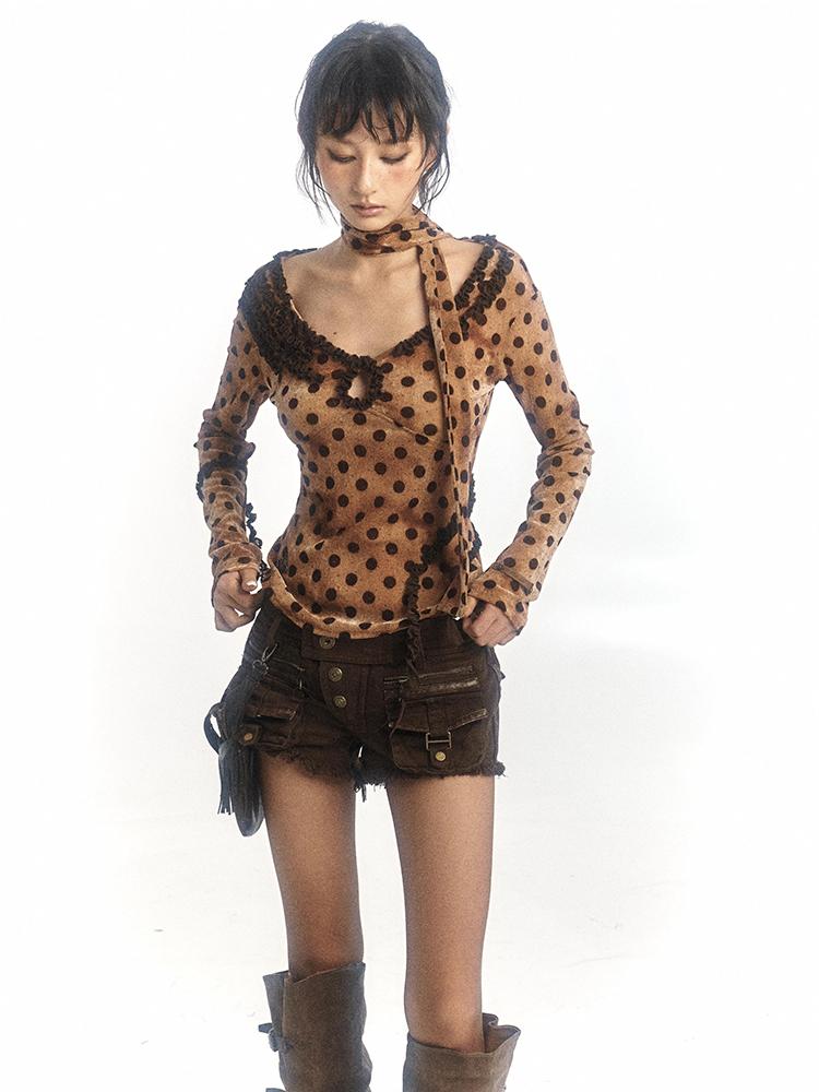 Flowers birds Market Polka Dot Velvet Vintage Long-Sleeved Shirt