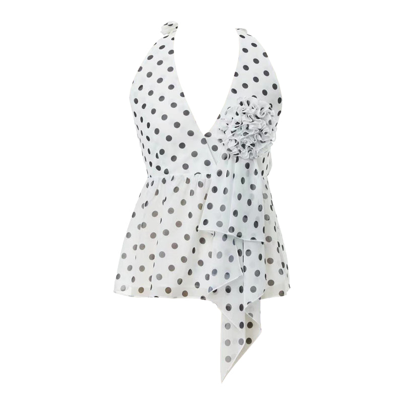 YOSHUYUKI V-Neck Polka Dot Chiffon Halter Top With Floral Lace