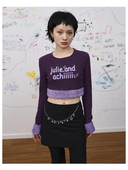 Purple Fluffy Trim Knit Sweater Retro Party Top