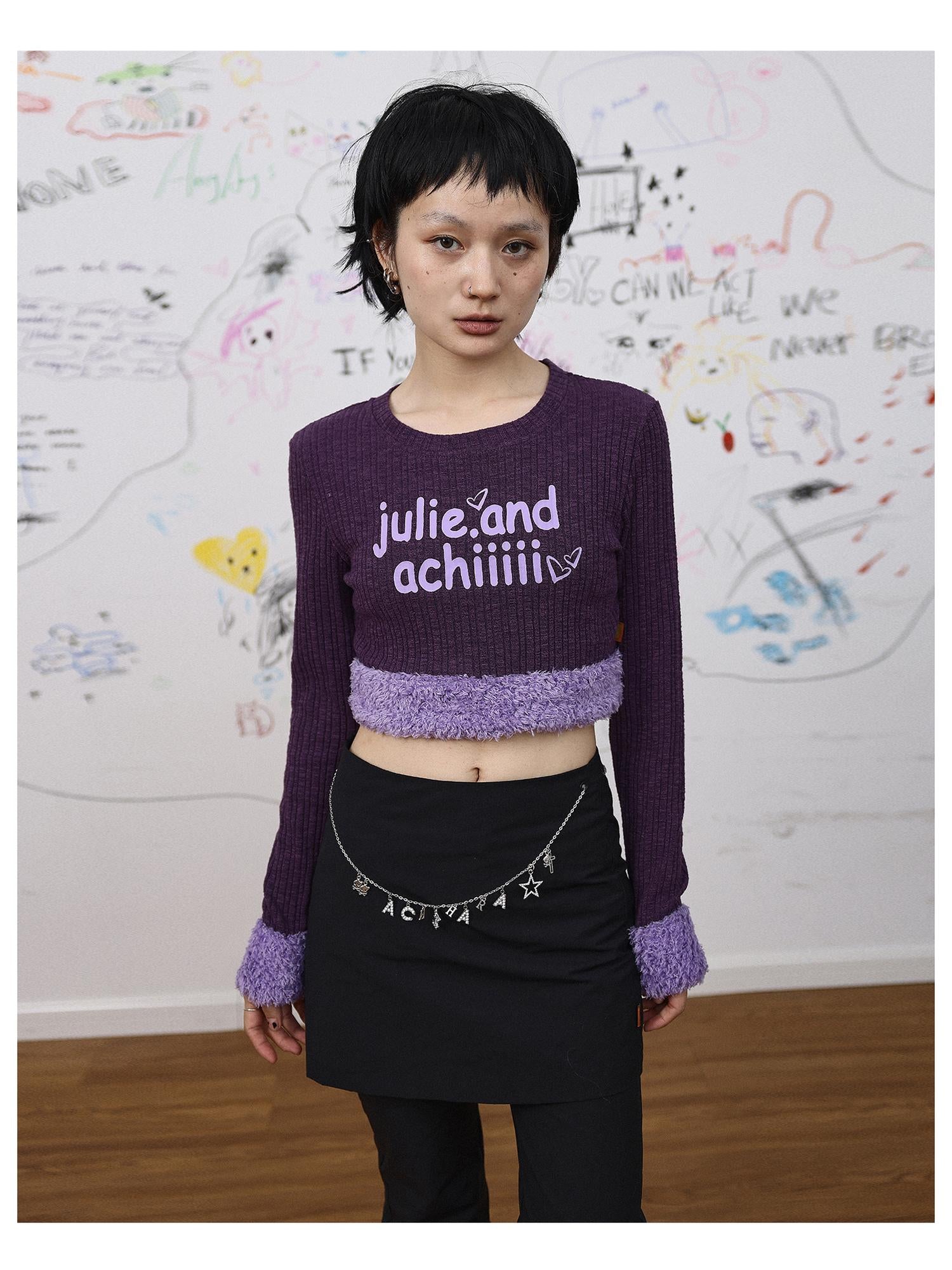 Achihara Purple Fluffy Trim Knit Sweater Retro Party Top