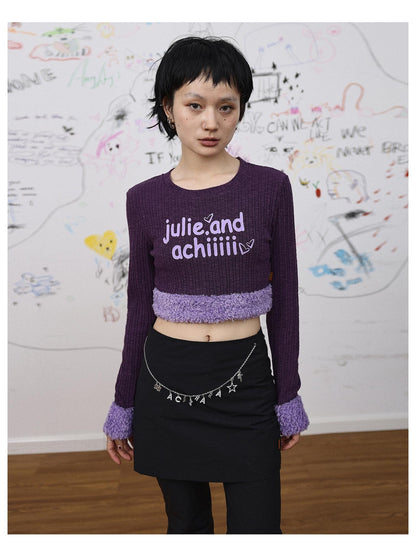 Achihara Purple Fluffy Trim Knit Sweater Retro Party Top