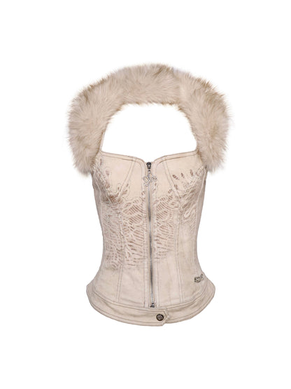 Flowers birds Market Detachable Fur Collar Stretch Denim Slim Bralette