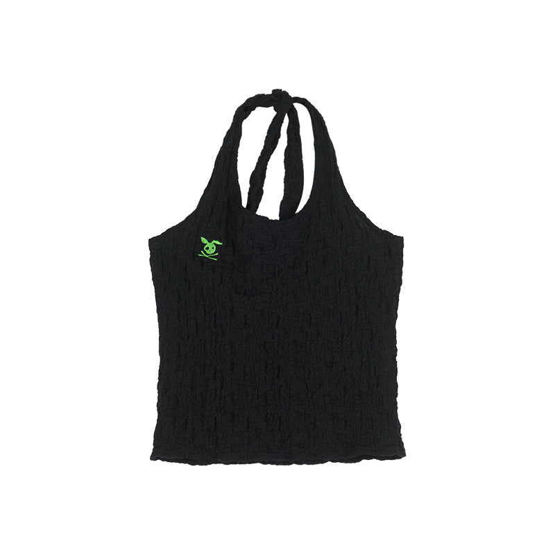 Achihara Summer Black Cropped Bubble Sleeve T-shirt Round Neck Top