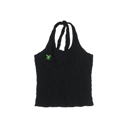 Achihara Summer Black Cropped Bubble Sleeve T-shirt Round Neck Top
