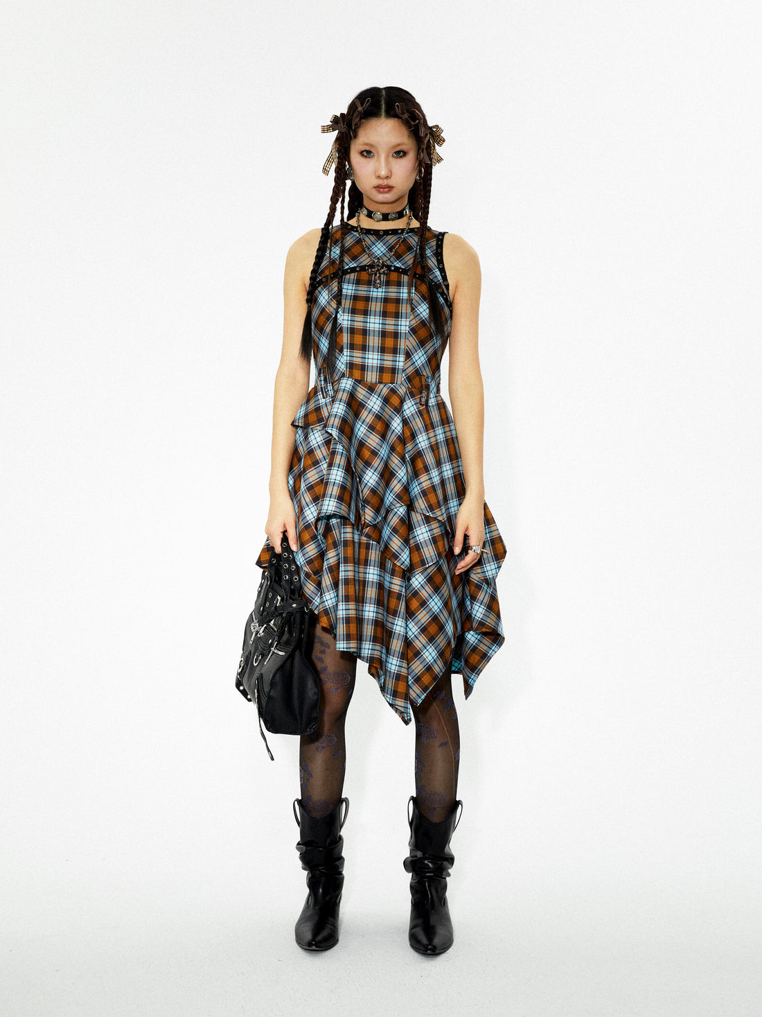YOSHUYUKI Vintage Punk Plaid Asymmetrical Layered Skirt