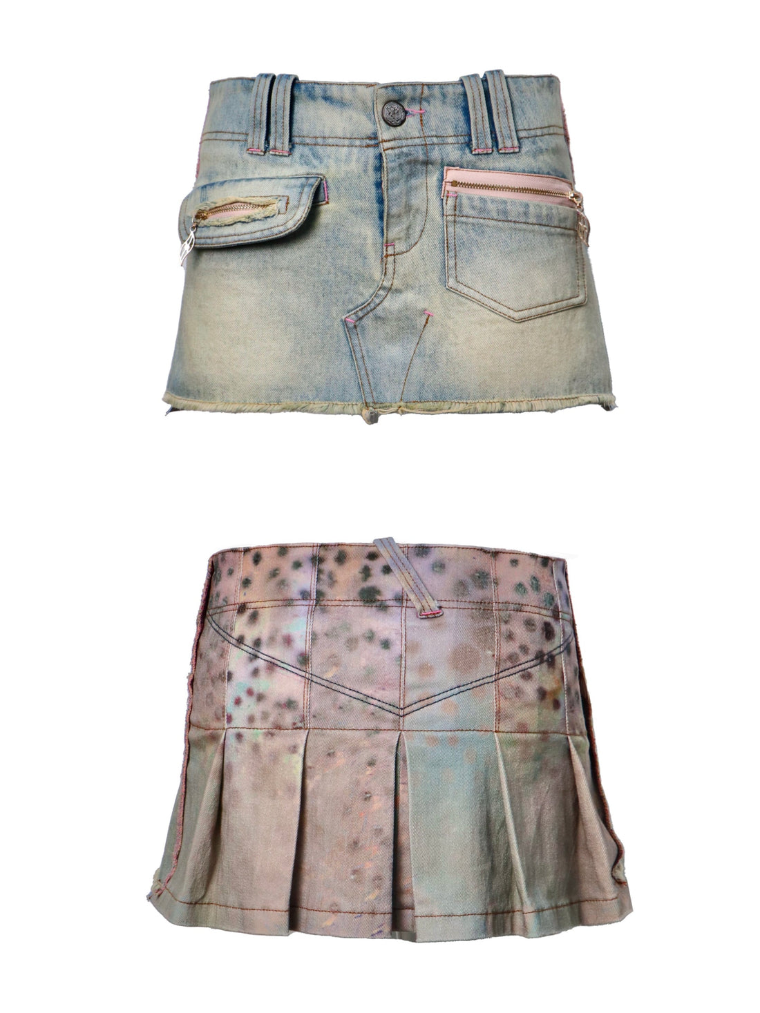 Flowers birds Market Double Sided Polka Dot Print Stretch Denim Mini Skirt