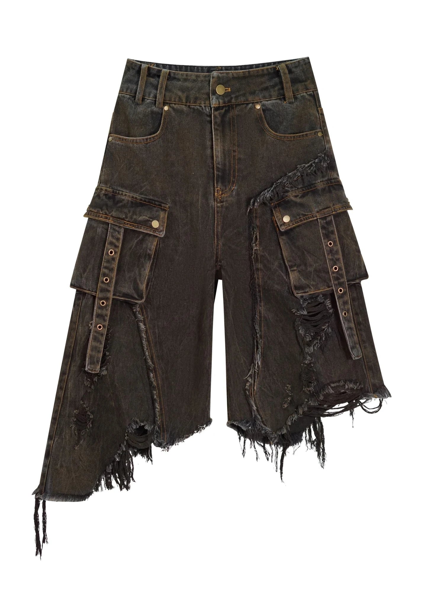 Mud Dyed Grunge Denim Cropped Shorts With Raw Hem Patchwork