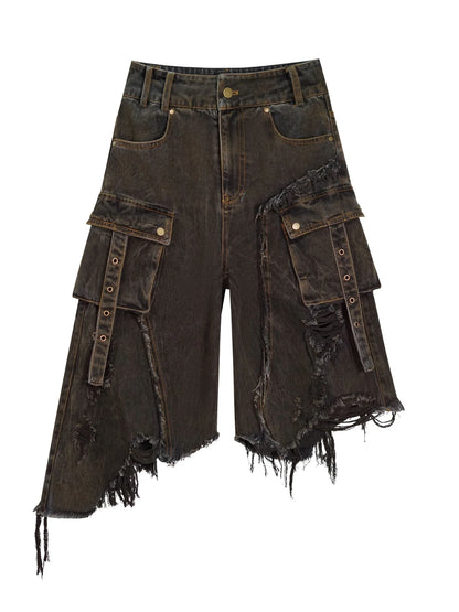 Mud Dyed Grunge Denim Cropped Shorts With Raw Hem Patchwork