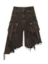 Mud Dyed Grunge Denim Cropped Shorts With Raw Hem Patchwork