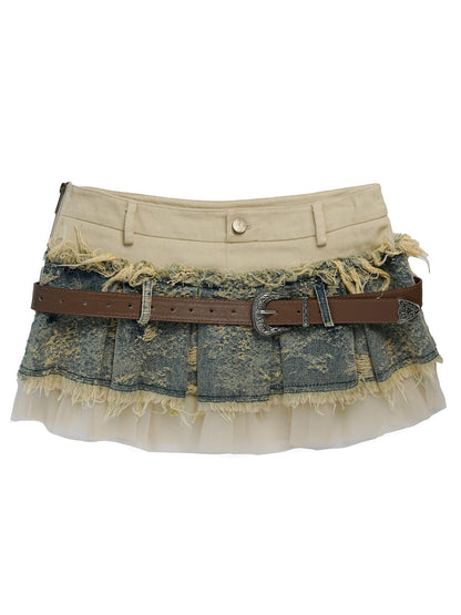 c Escape To Club Denim Mesh Pleated Skirt
