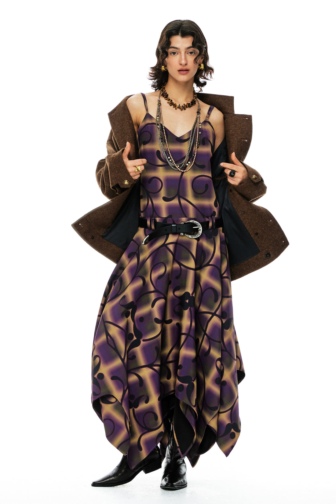YOSHUYUKI  Floral Print Asymmetric Hem Slip Dress