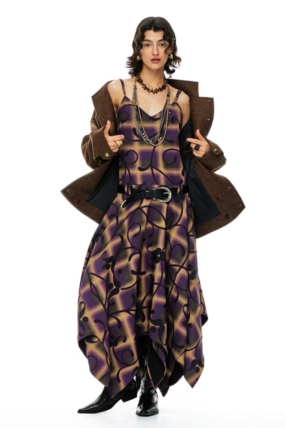 YOSHUYUKI  Floral Print Asymmetric Hem Slip Dress