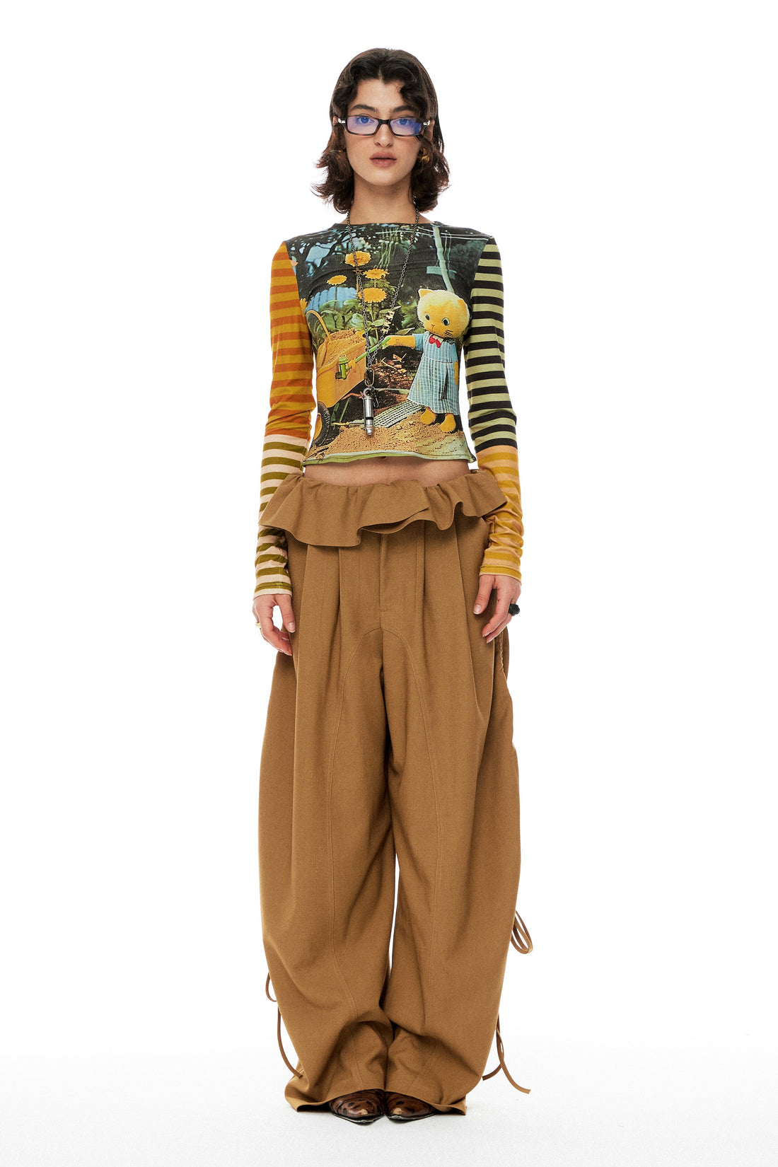 YOSHUYUKI s Khaki Lace Ruffle Flared Palazzo Trousers