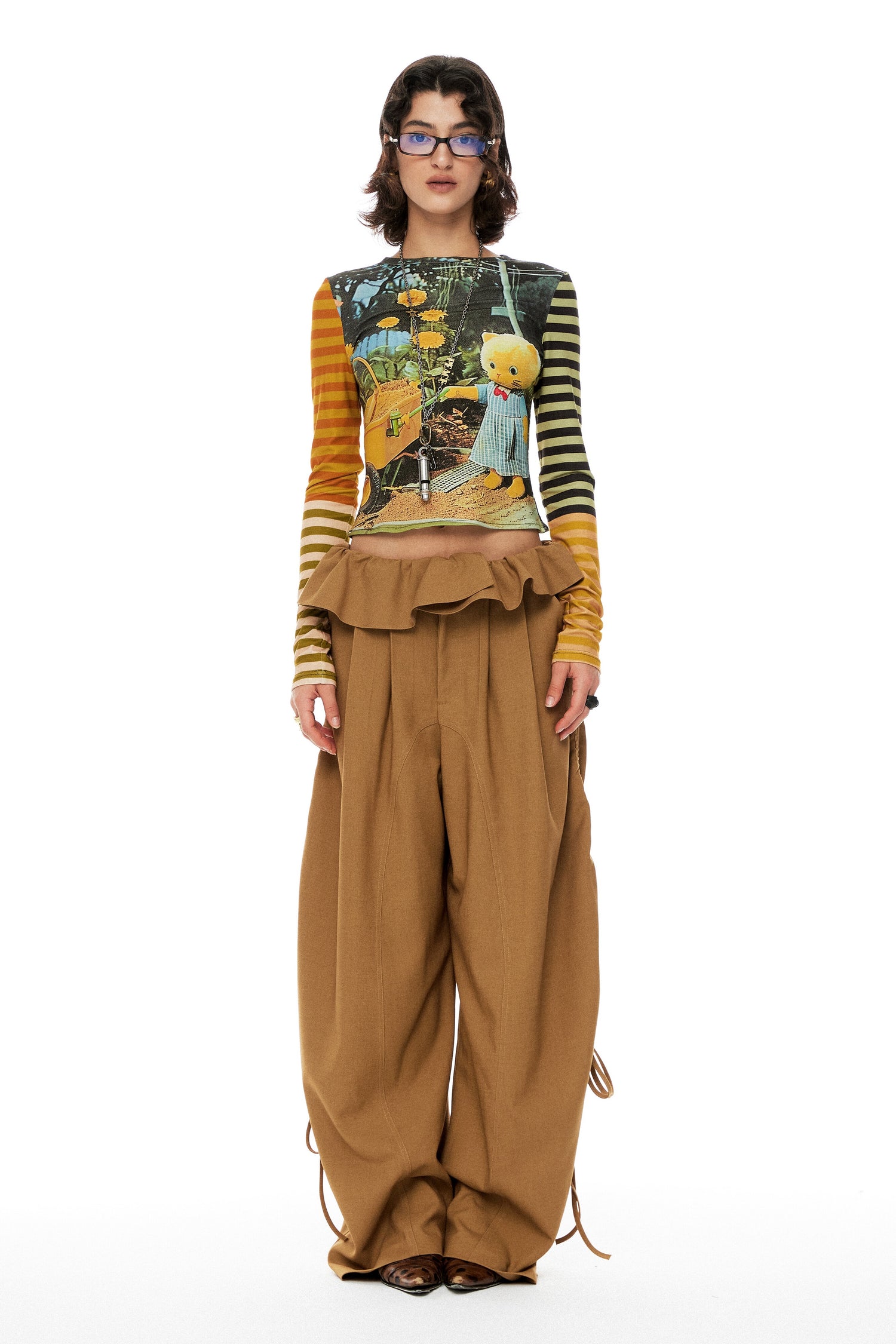 YOSHUYUKI s Khaki Lace Ruffle Flared Palazzo Trousers