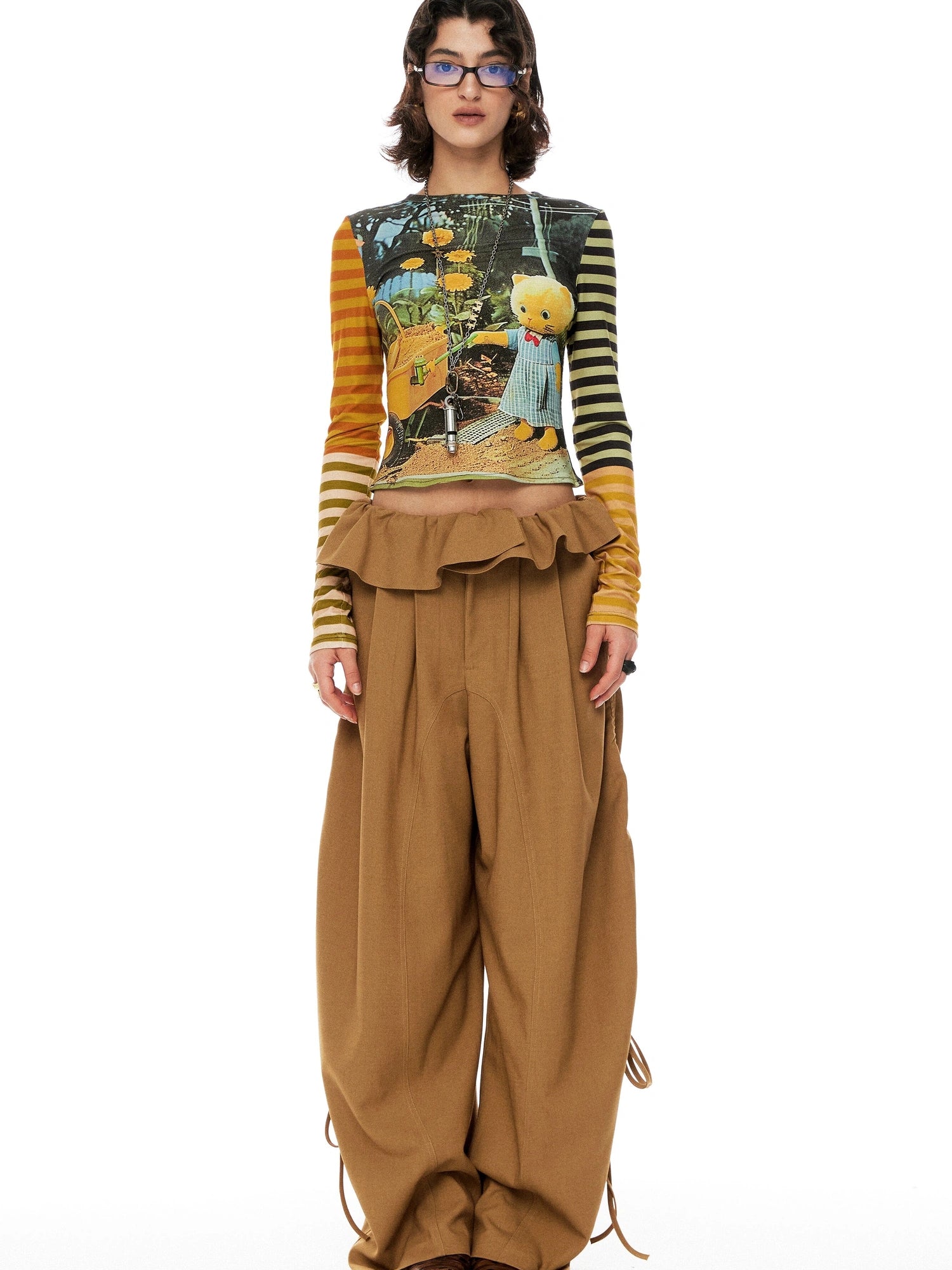 Khaki Lace Ruffle Flared Palazzo Trousers