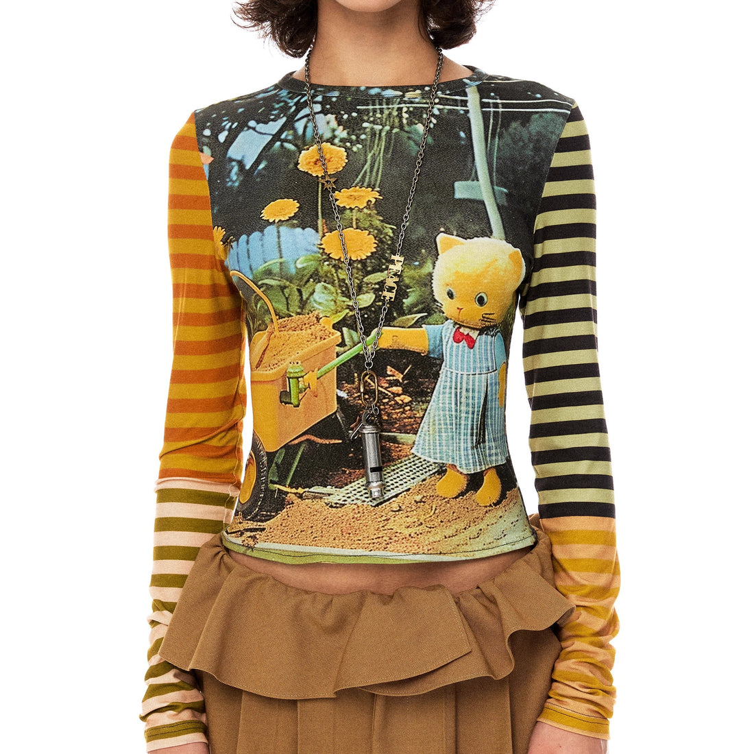 YOSHUYUKI Cat Garden Print Tee With Green Yellow Striped Sleeves V Neck T Shirt Long Sleeve