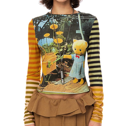 YOSHUYUKI Cat Garden Print Tee With Green Yellow Striped Sleeves V Neck T Shirt Long Sleeve