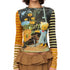 YOSHUYUKI Cat Garden Print Tee With Green Yellow Striped Sleeves V Neck T Shirt Long Sleeve