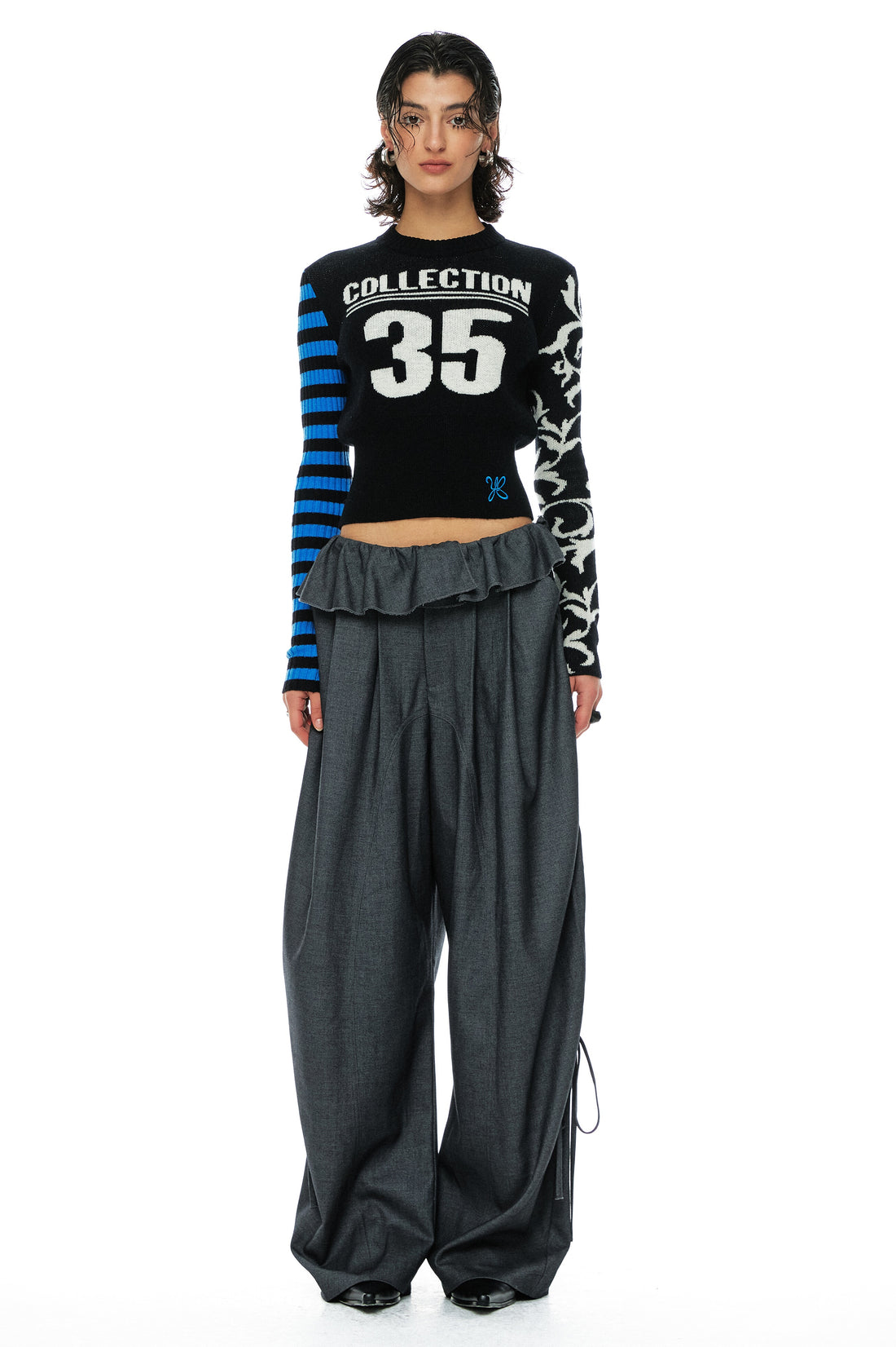 YOSHUYUKI Grey Wool Tapered Trousers With Lace Trim