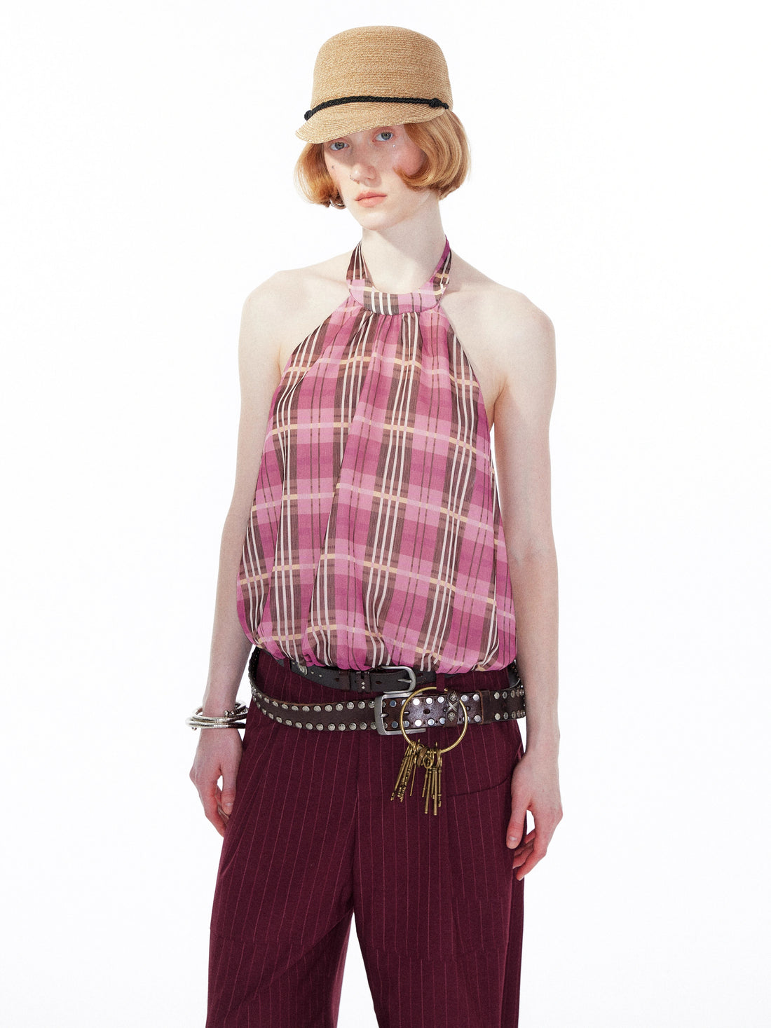YOSHUYUKI Pink Purple Plaid Halter Top With Smocked Back