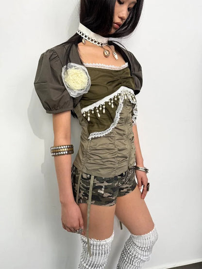 Princess Sleeve Chiffon Lace Blouse &amp; Camisole 2-Piece Set